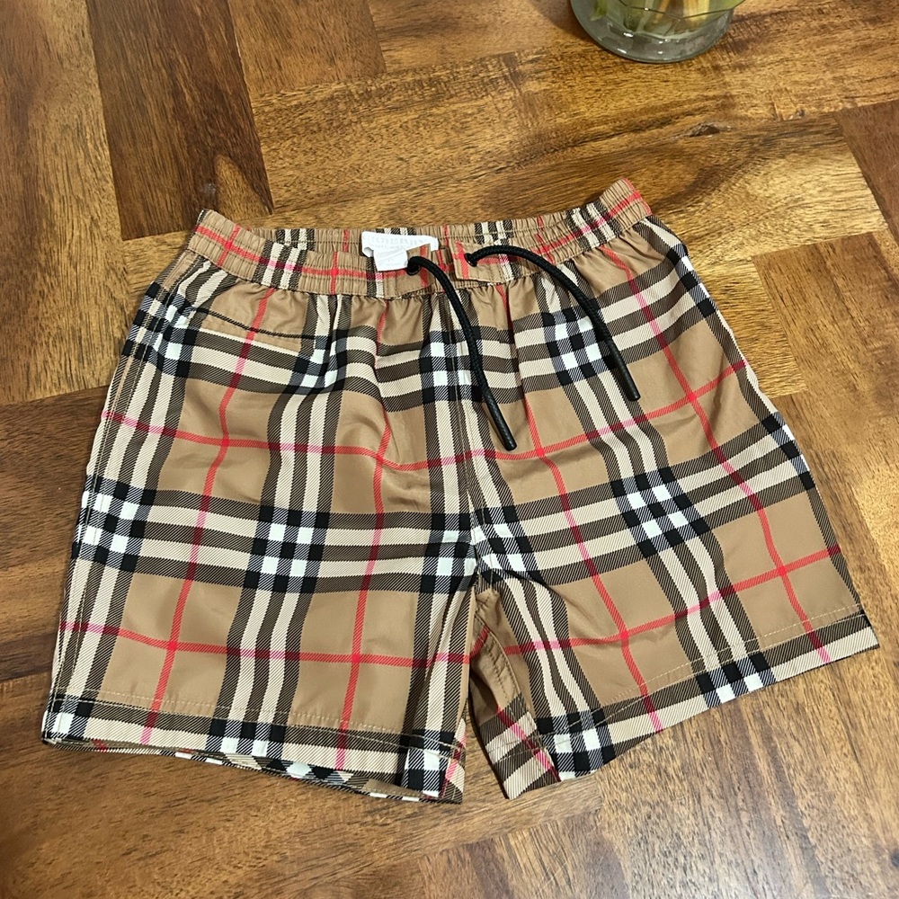 Burberry Tan and Red Plaid Swim Shorts Size 2